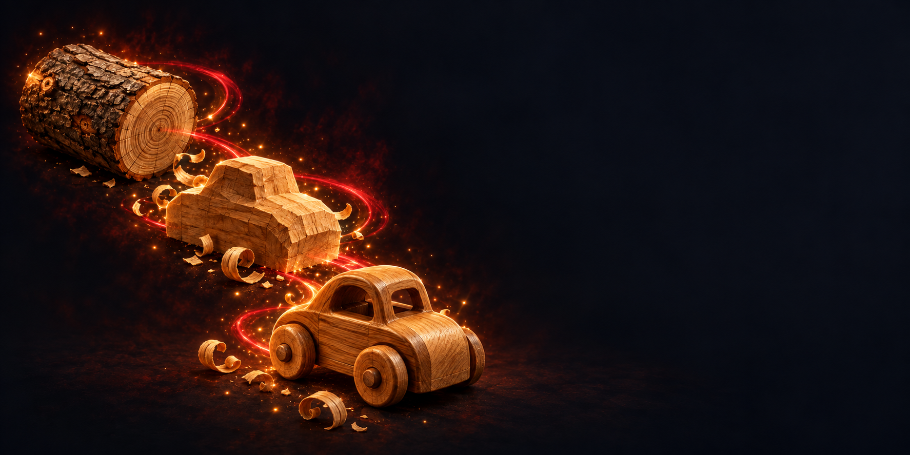 An oak log transforms into a carved block and a finished wooden toy car, with red energy and golden sparks fading into a dark background